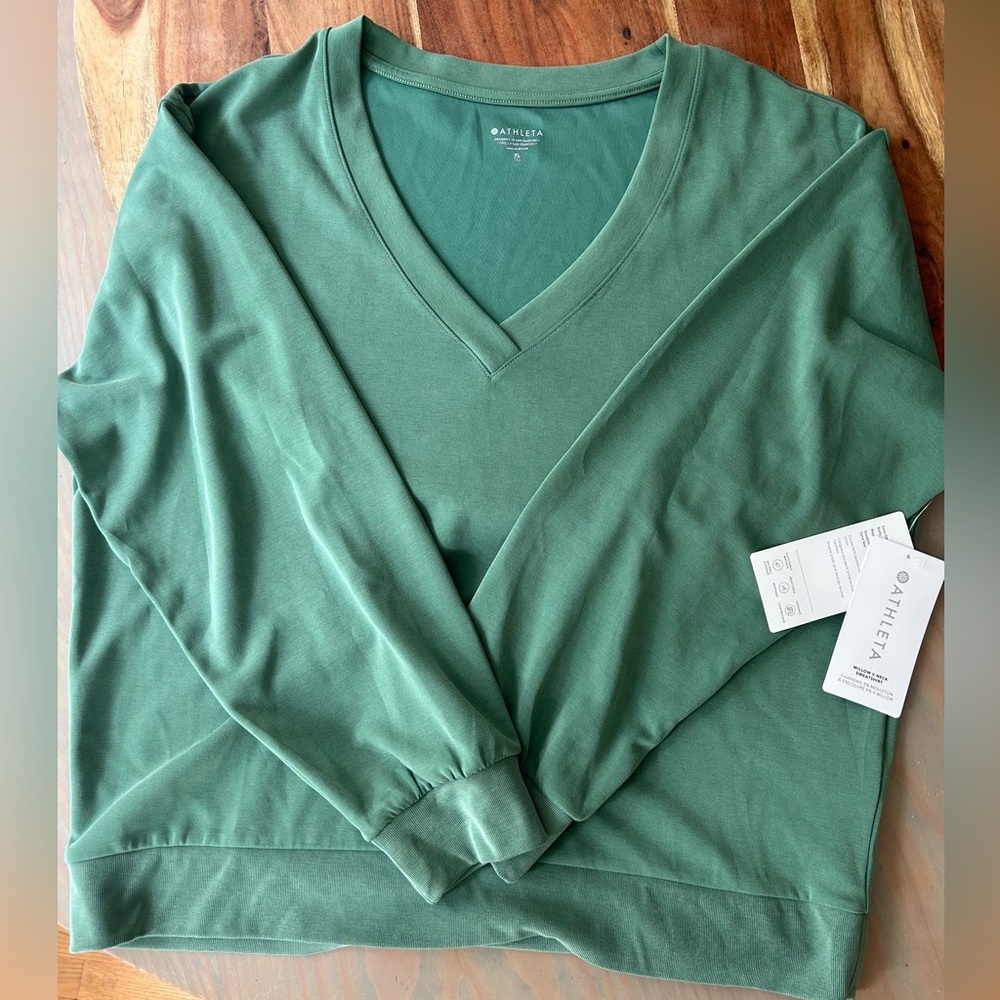 Athleta Willow V-Neck Sweatshirt XL Green Pullover NWT